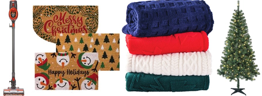 shark stick vacuum, holiday doormats, stack of throw blankets, and christmas tree