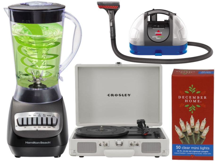 A blender, record player, floor cleaner and Christmas lights