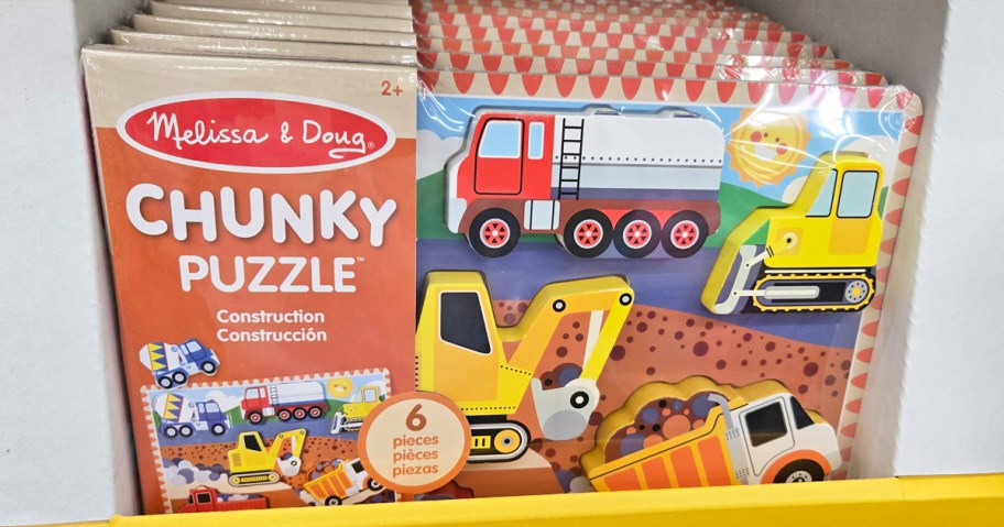 Melissa & Doug Construction Vehicles Wooden Chunky Puzzle on store display