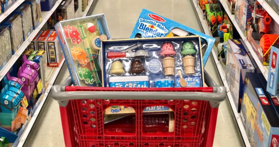 A target shopping cart filled with Melissa & Doug Toys