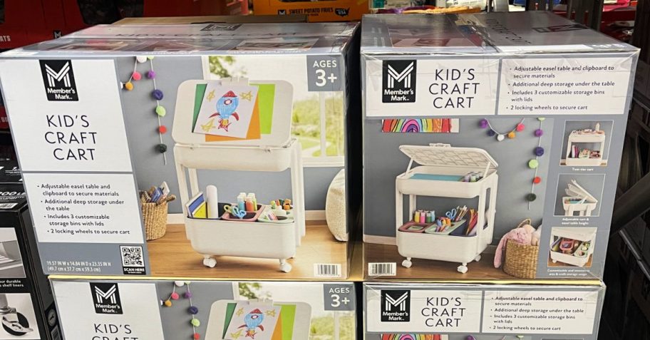 Members Mark kids craft kit in boxes inside Sam's Club warehouse