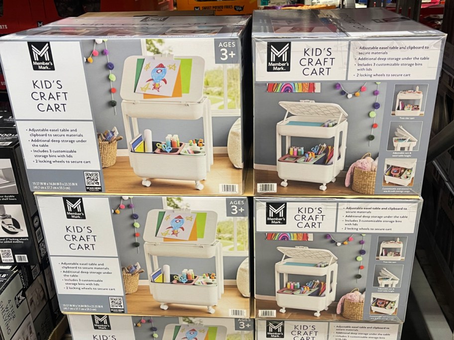 Members Mark kids craft kit in boxes inside Sam's Club warehouse