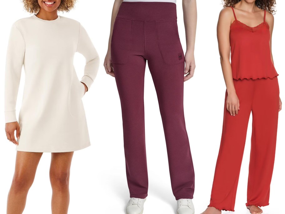 Member's Mark Women's Sandwash Long Sleeve Mini Dress, DKNY Women's Waffle Knit Flare Pant, Loft Women's 2-Piece Tank and Pant Pajama Set