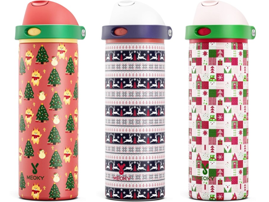 three christmas print water bottles