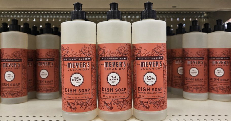 bottles of Mrs. Meyer's Dish Soap on store shelf
