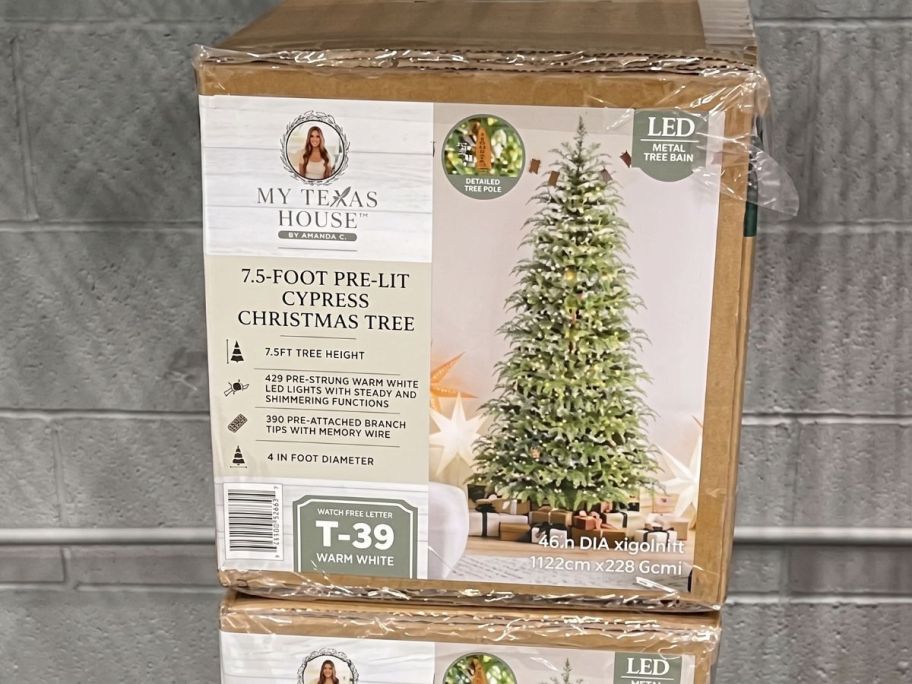 My Texas House 7.5' Pre-Lit Cypress Green Artificial Christmas Tree box in store