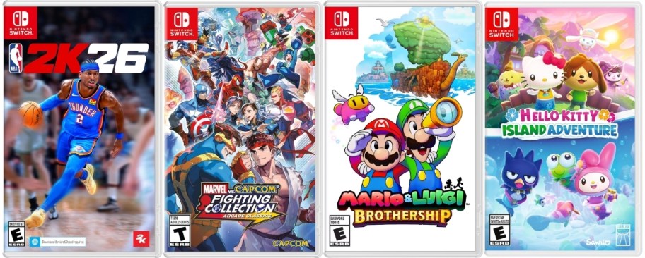 four nintendo switch video game covers