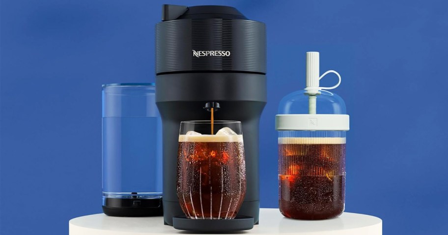 Nespresso Vertuo Pop machine and iced coffee tumbler