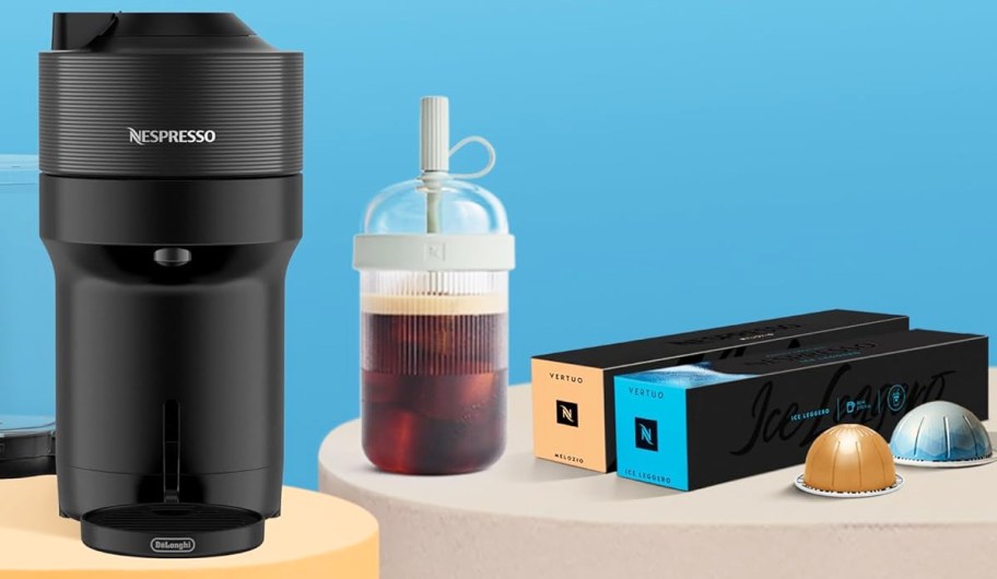 Nespresso Vertuo Pop machine, tumbler, and set of coffee pods