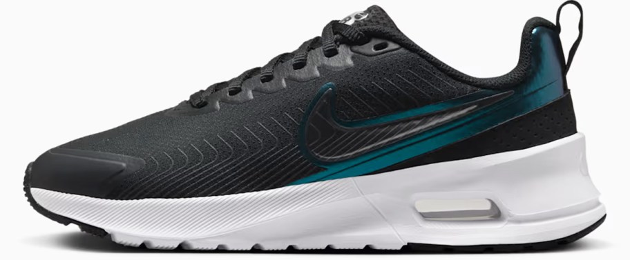 black, white, and teal nike running shoe