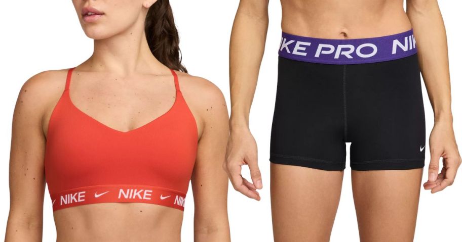 A woman wearing a red sports bra and a pair of black bicycle shorts