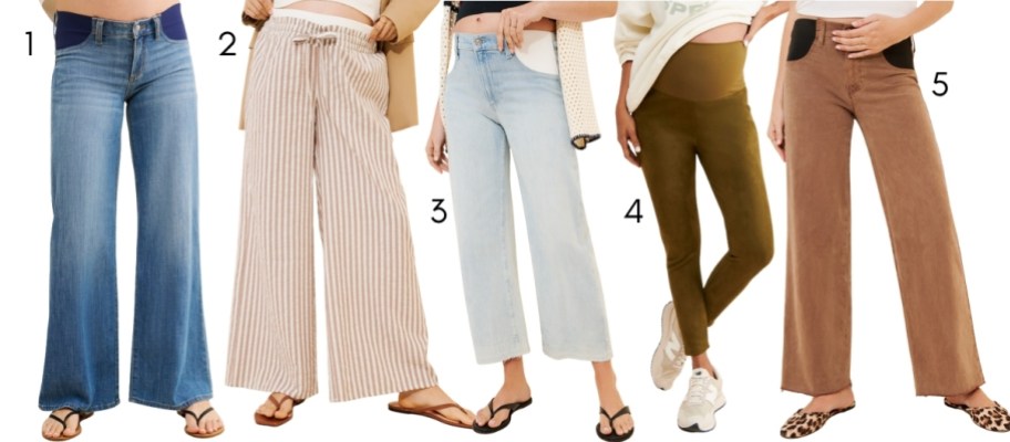 stock photo collage of 5 different maternity bottoms
