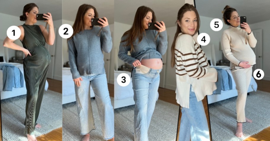 woman modeling various maternity outfits