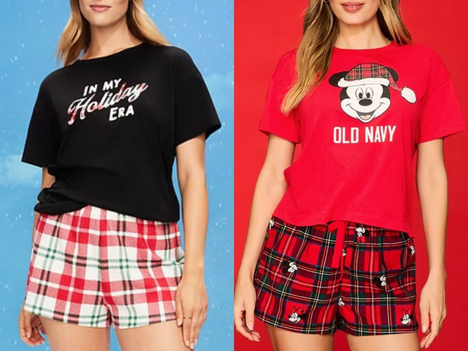 Two women wearing old navy holiday t-shirts and pajama shorts