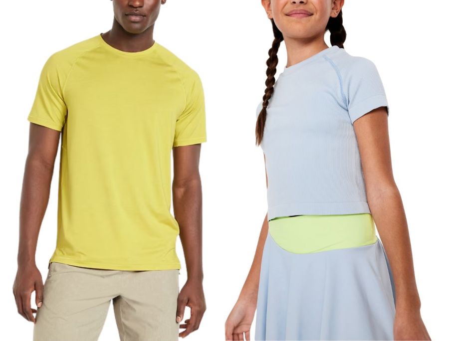 A man in a yellow shirt and a girl in a purple shirt