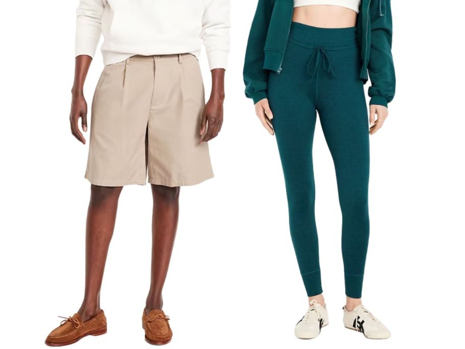 A man in tan shorts and a woman in green leggings