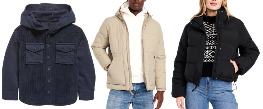 2 people wearing tan and black jackets and a kids corduroy jacket