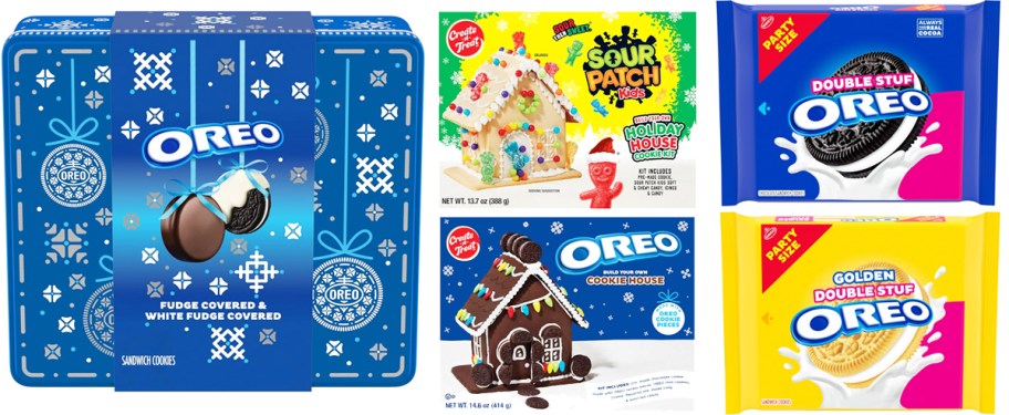 oreo tin, gingerbread houses, and packs of cookies