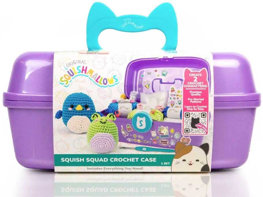 A purple tackle box with a picture of Squishmallows on it 