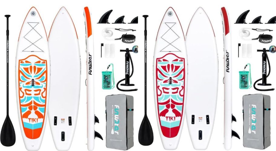 two different color paddle boards with accessories