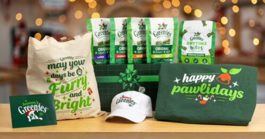 Pawliday Helper Box with Greenies treats, hat, sweatshirt and card