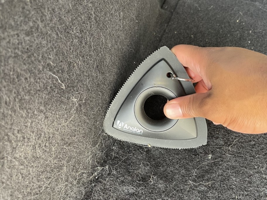 person using analan pet hair remover on carpet