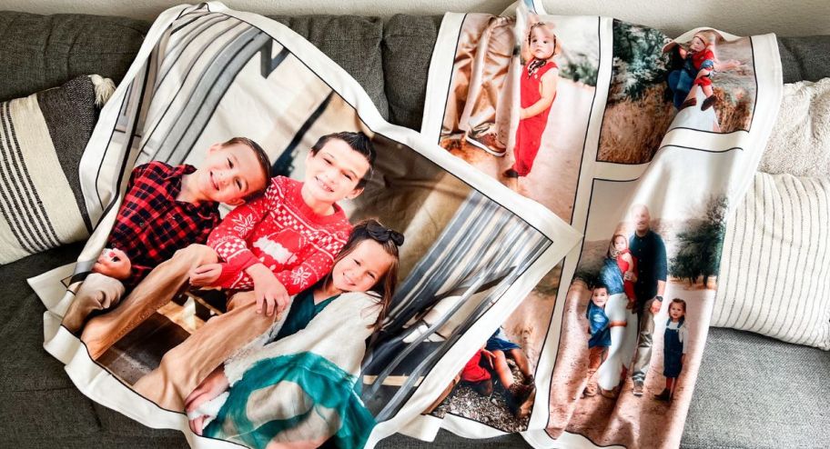 two different Photo Blankets displayed on a couch