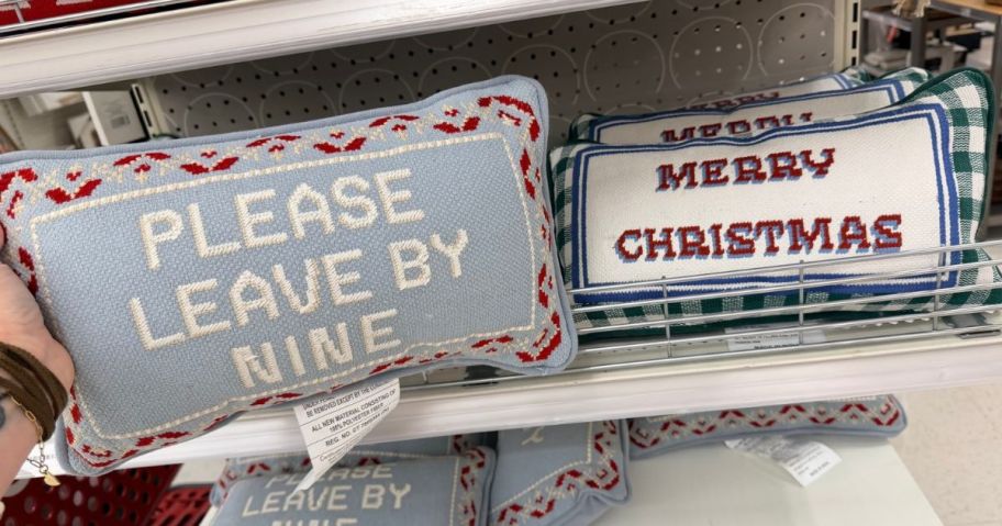 Please Leave by Nine and Merry Christmas Cross Stitch Pillows in store