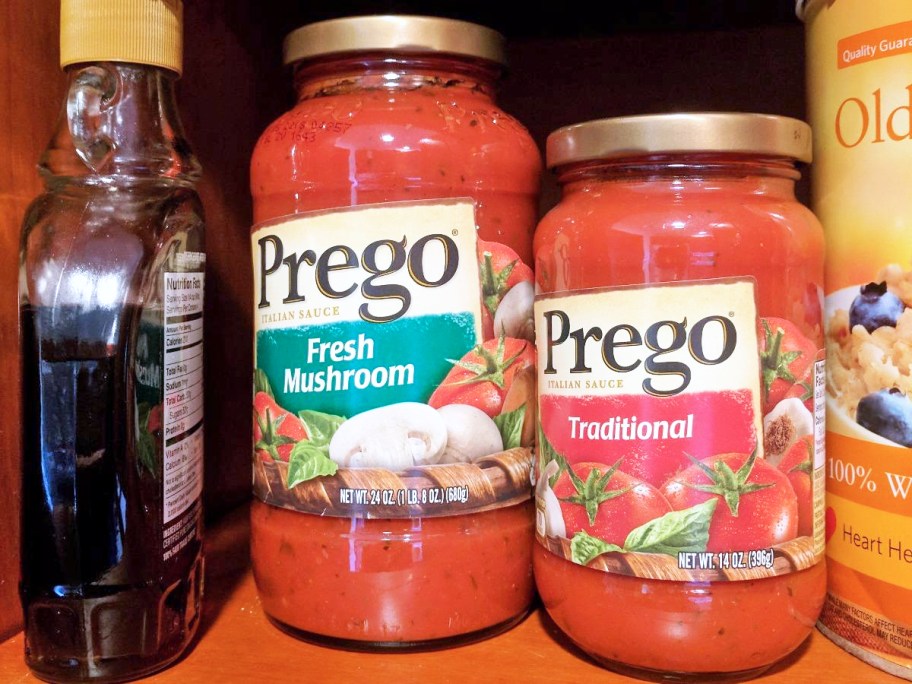 2 jars of Prego Pasta Sauce on pantry shelf