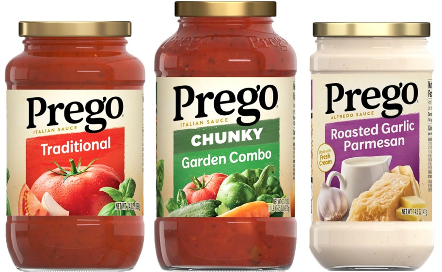 three Prego pasta sauce jars in a row