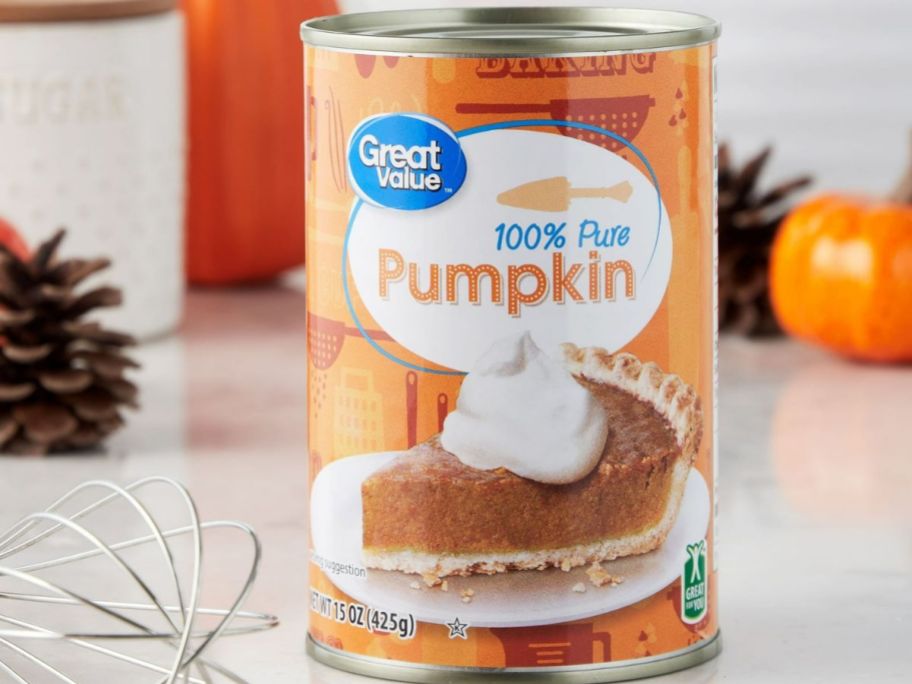 Great value pumpkin puree can on top of the table