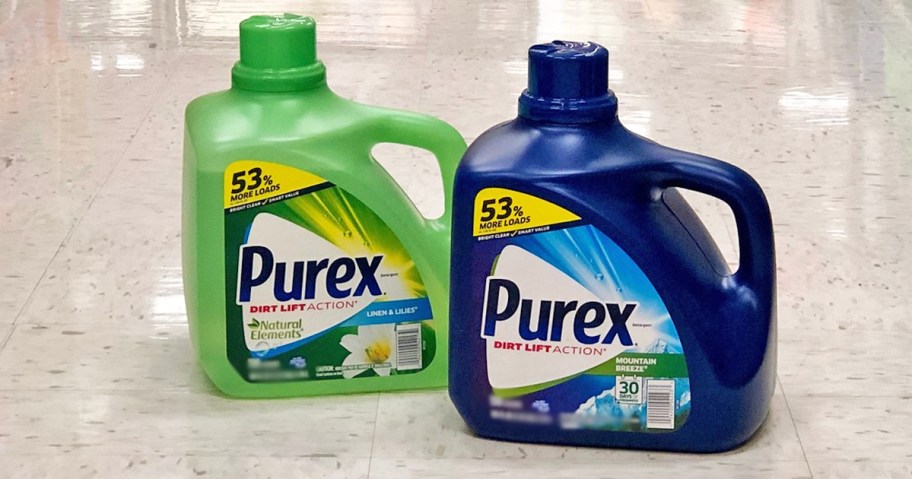 two large bottles of Purex Laundry Detergent on floor of store