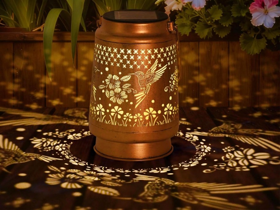 solar lantern casting a hummingbird pattern on ground