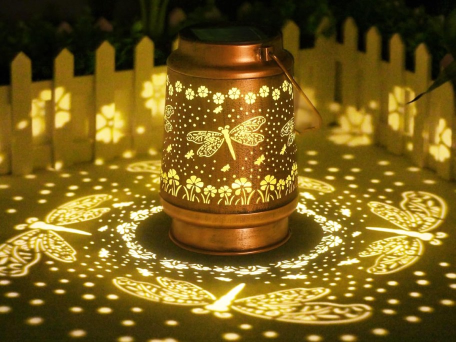 solar lantern casting a dragonfly pattern on ground