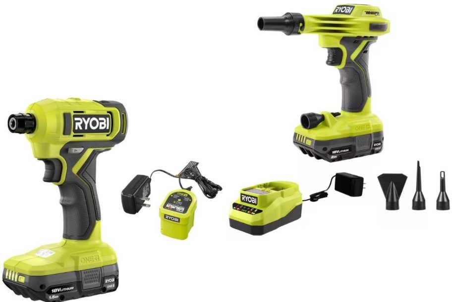 Stock images of two RYOBI tool sets