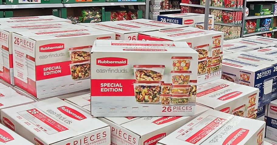 stacked boxed of Rubbermaid sets in store