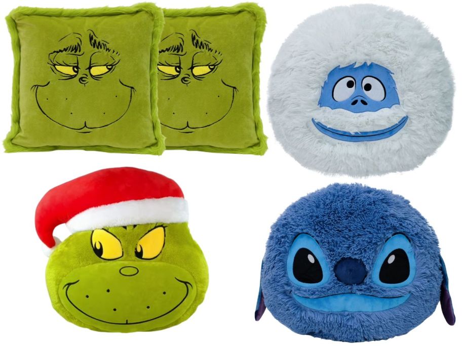 A pair of square Grinch throw pillows, a Bumble, a figural Grinch pillow and a Stitch throw pillow