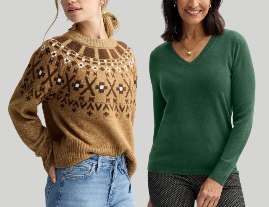 woman in fair isle sweater with woman in vneck sweater