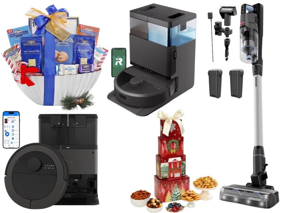 A basket of candy and cookies, 2 robot vacuums with docks, a stick vacuum with attachments, and a tower of treats from Harry & David