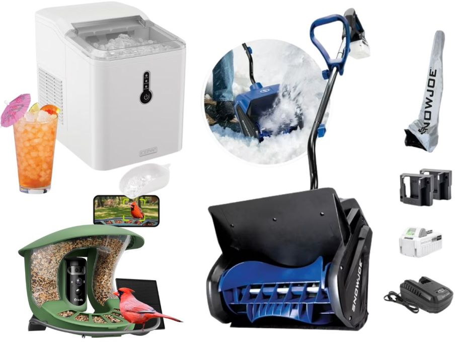 an icemaker with a drink, a snowshovel with accessories, and a smart birdf eeder with red bird and phone