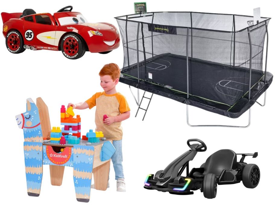 A Lightning McQueen ride on toy car, trampoline basketball set with net, a child playing with a llama block table, and a small black go kart