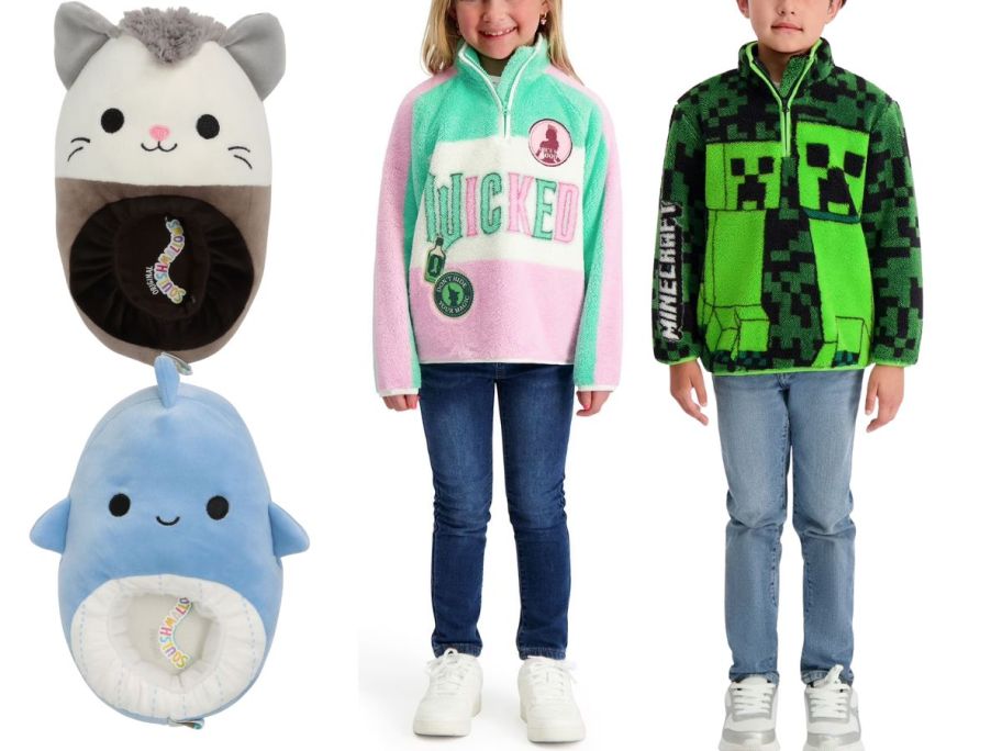2 squishmallow slippers and 2 kids wearing Minecraft and Wicked clothing 