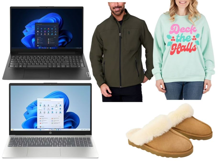 2 laptops, a man in a green jacket, a woman in a sweatshrit with "Deck the Halls" on it, and a pair of tan slipper type boots with the fur