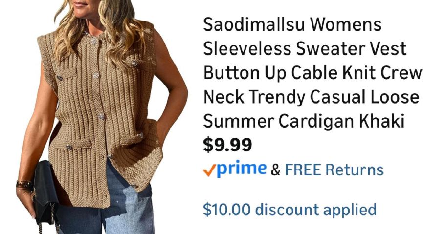 woman wearing tan sweater vest next to Amazon pricing information