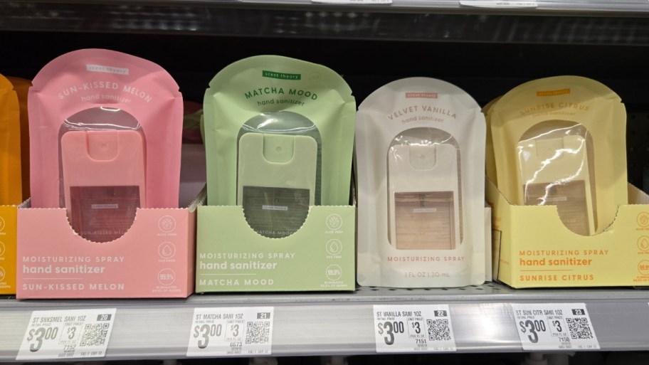 scent theory hand sanitizers in 4 scents on a store shelf