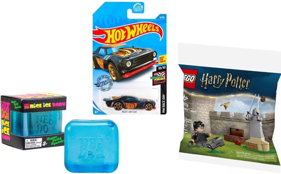 Stock images of a Needoh, a Hot Wheels Car and a Harry POtter Mini LEGO set