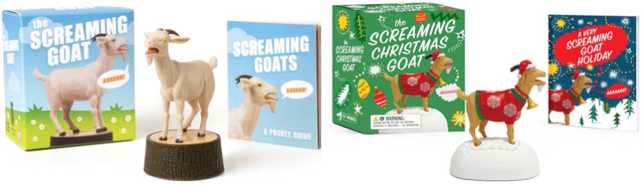 two Screaming Goat figurine and book sets