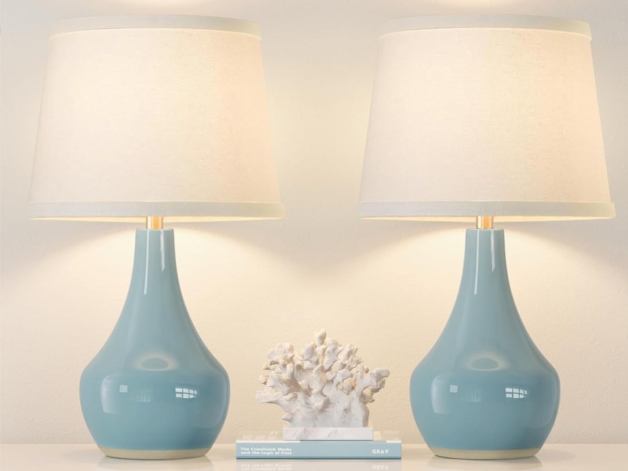 two matching blue table lamps