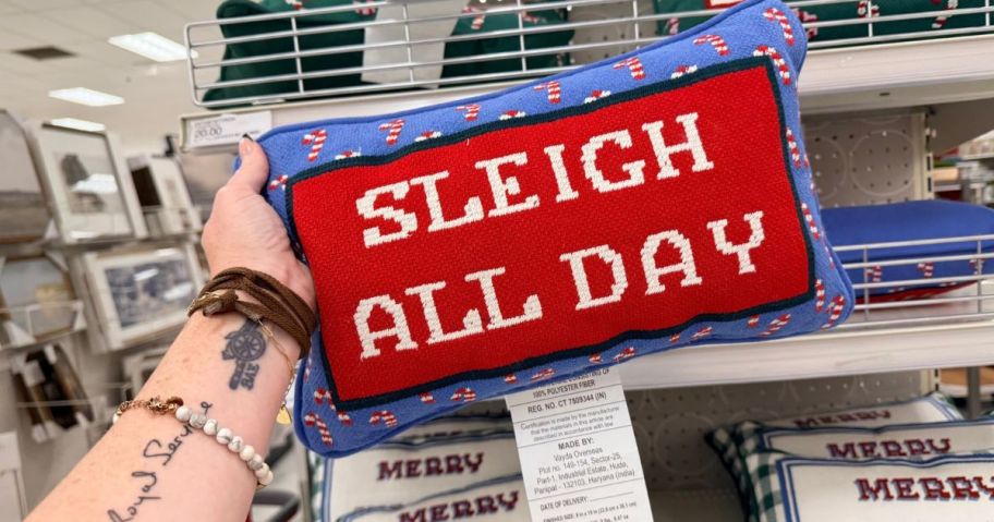 Sleigh All Day Cross Stitch Pillow in hand in store