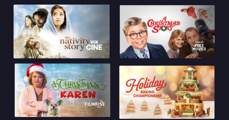 4 Christmas movies displayed: The Nativity Story, Holiday Baking Challenge, A Christmas Story, Christmas Karen, and Santa Baby